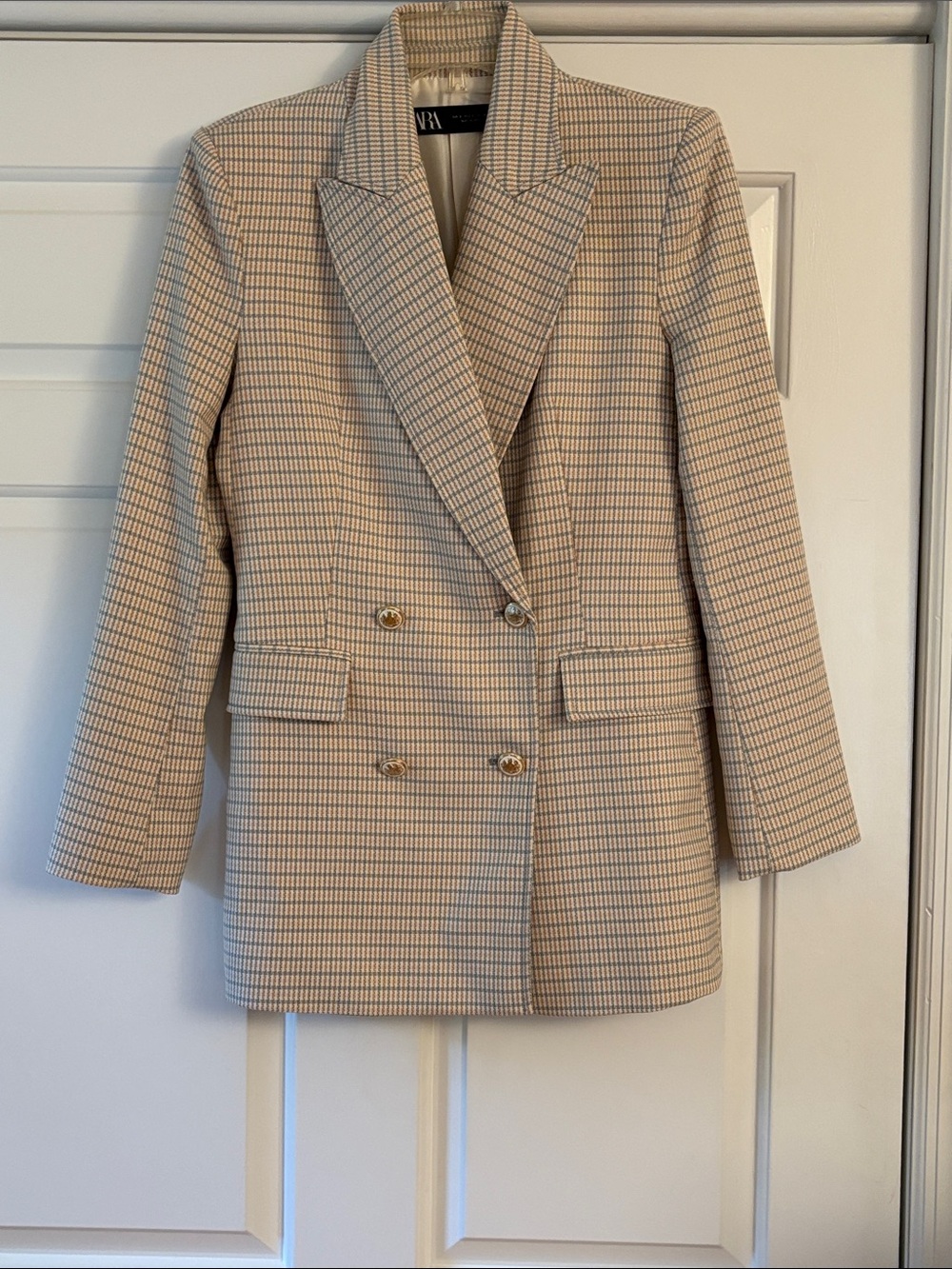 Zara Beige and Light Blue Checked Double-Breasted Blazer